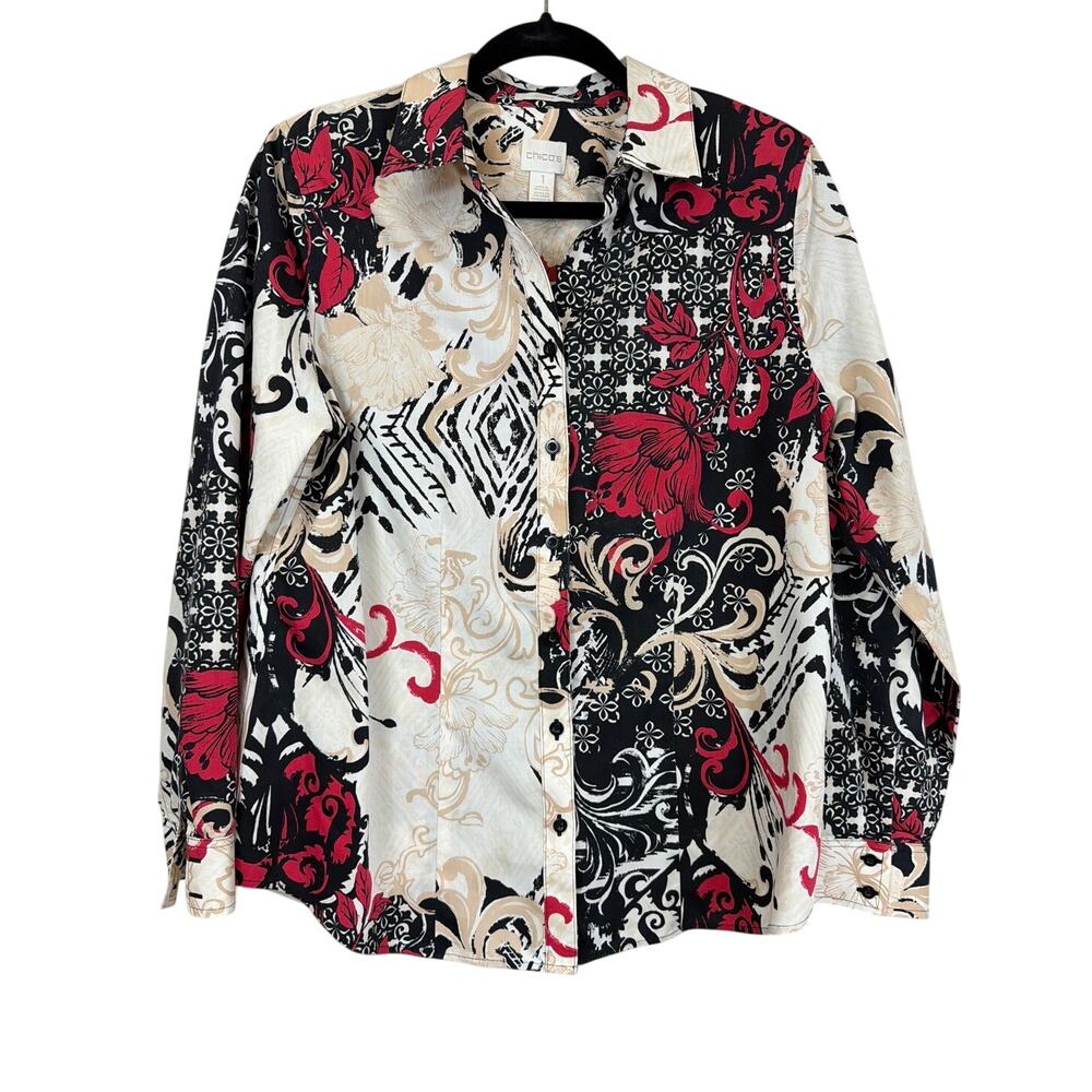 Chicos Multicolored Button Up Asian Inspired Blouse Size 1 / Medium